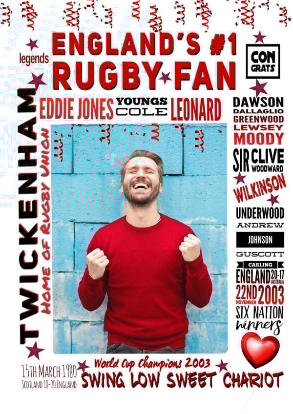 Rugby Englands Birthday Personalised Photo Card 15460 created by Kerrylovescards