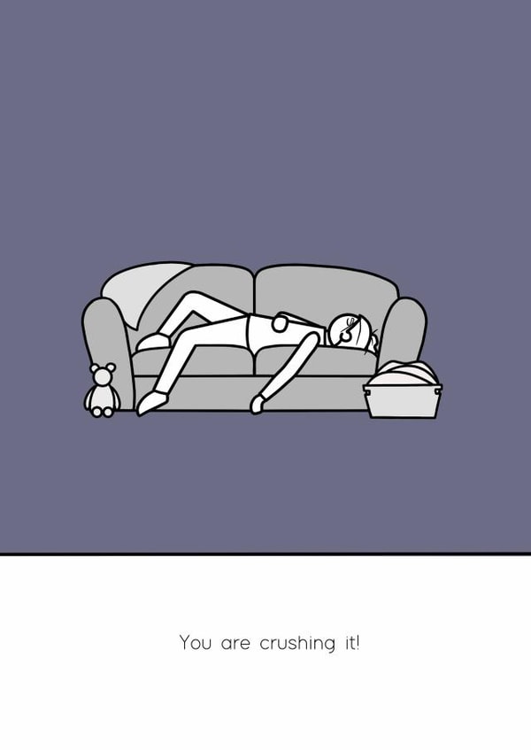 Exhausted and crushing it minimalist cartoon card created by Skate Better Studio