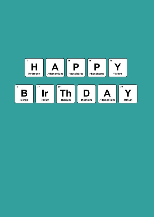 Geeky Periodic Table Card spelling Happy Birthday with periodic elements created by Matt Facer