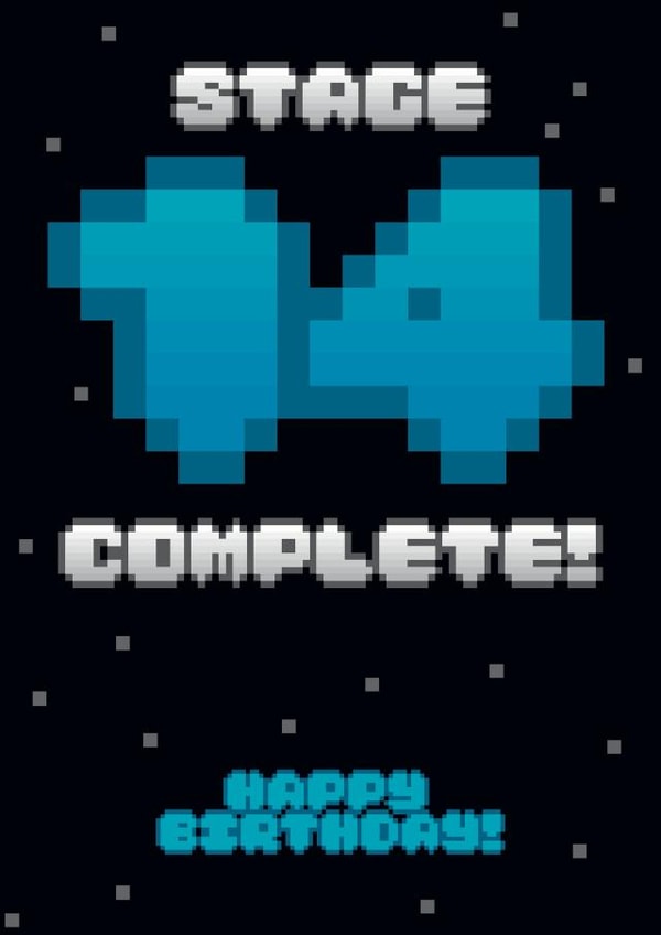Stage 14 cleared! Celebrate a birthday with retro pixels and space adventure. created by Fatchair Print