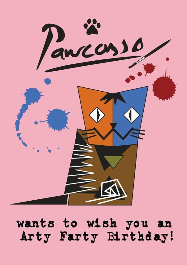 Pawcasso the arty farty birthday cat created by Wicked Poppy Designs