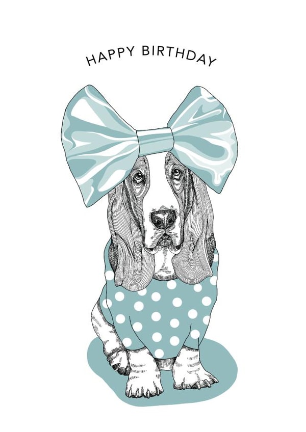 Big Bow Basset Hound Birthday Card created by Dotty Dog Art
