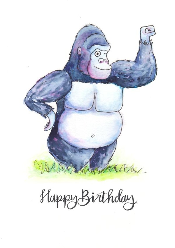 Happy Birthday Gorilla Watercolour Illustration created by Richard Stelmach Art