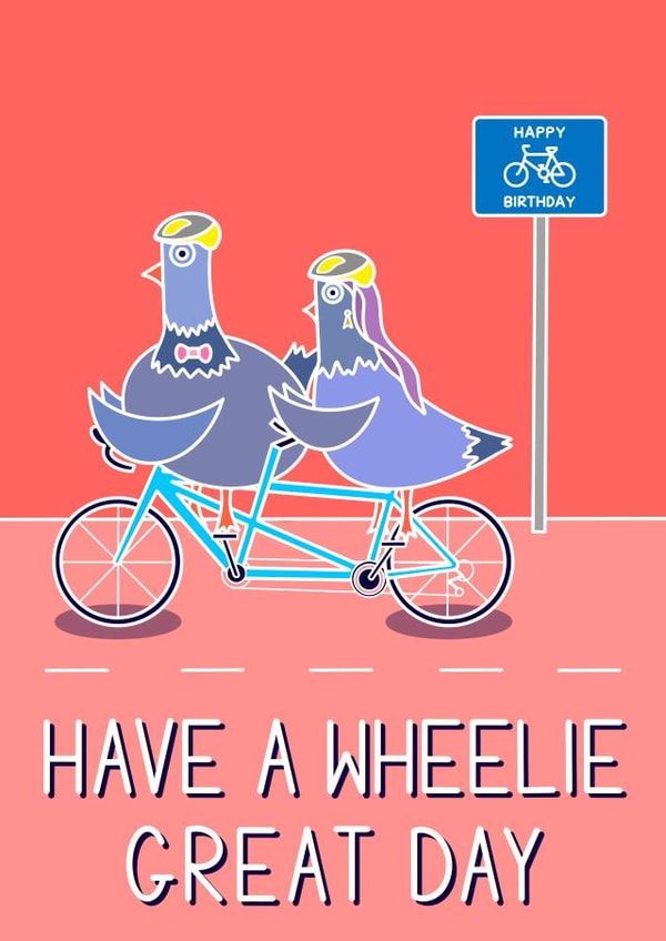 Pigeons riding bike pun birthday card created by Pigeon Pals