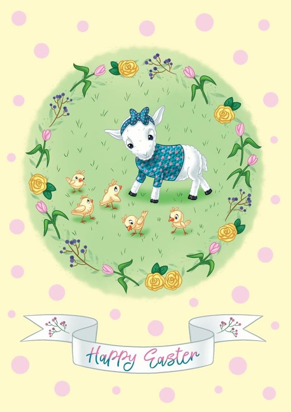 Happy Easter Lamb and Chicks Card created by Slinkeee Illustration
