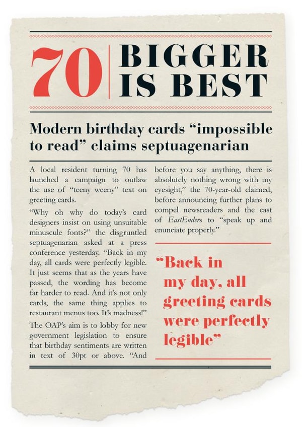 Funny newspaper 70th birthday card created by Tess Cards