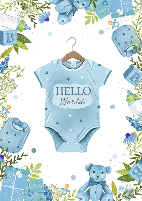 "Hello World" New Baby Boy Greetings Card created by Hannah Clark Illustrations