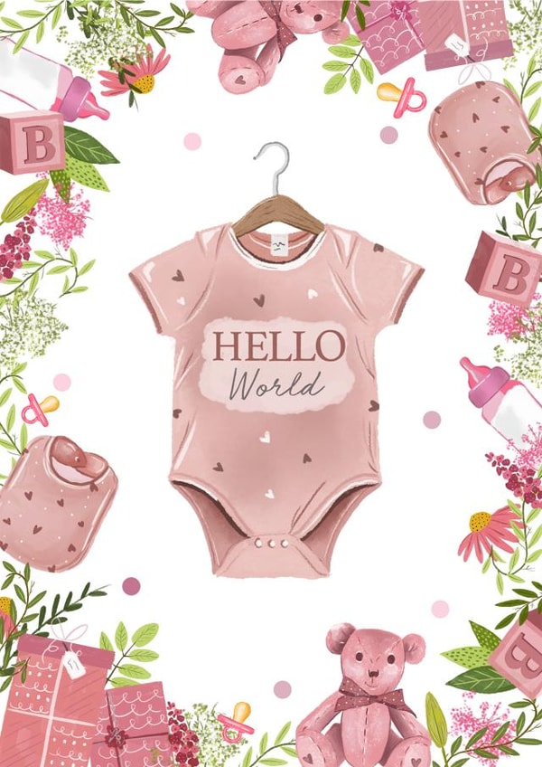 "Hello World" New Baby Girl Greetings Card created by Hannah Clark Illustrations