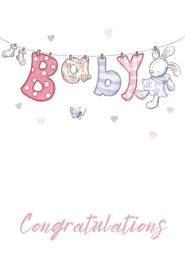 Baby girl congratulations washing line card created by Kate Garrett