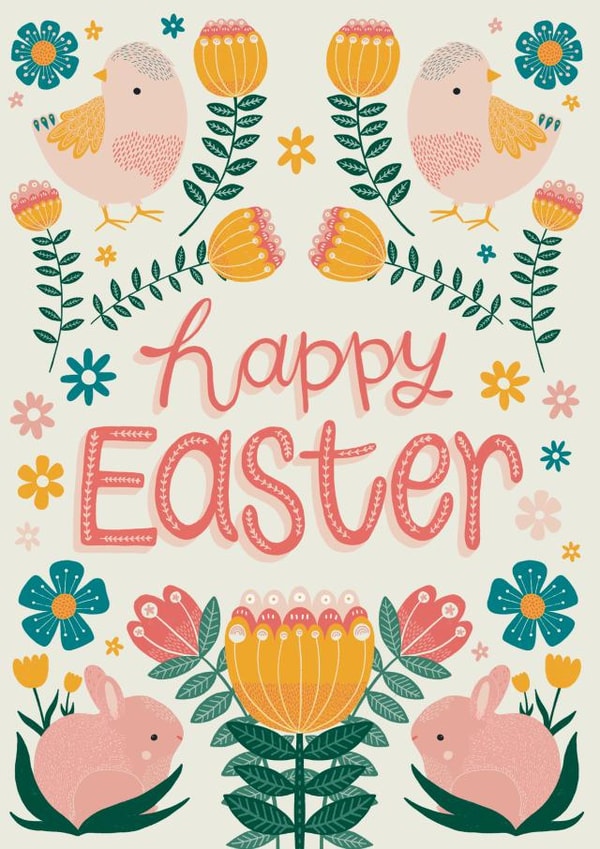 Chicks, Bunnies and Spring Florals Happy Easter Card created by Hollie McManus Illustration