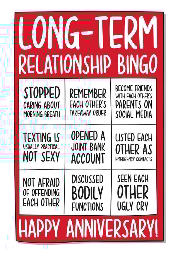 Funny Bingo Anniversary Card - Long-Term Relationship Bingo created by TeePee Creations
