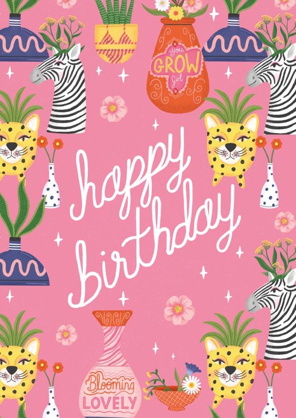 Groovy animal and plant happy birthday card created by Katie Brookes