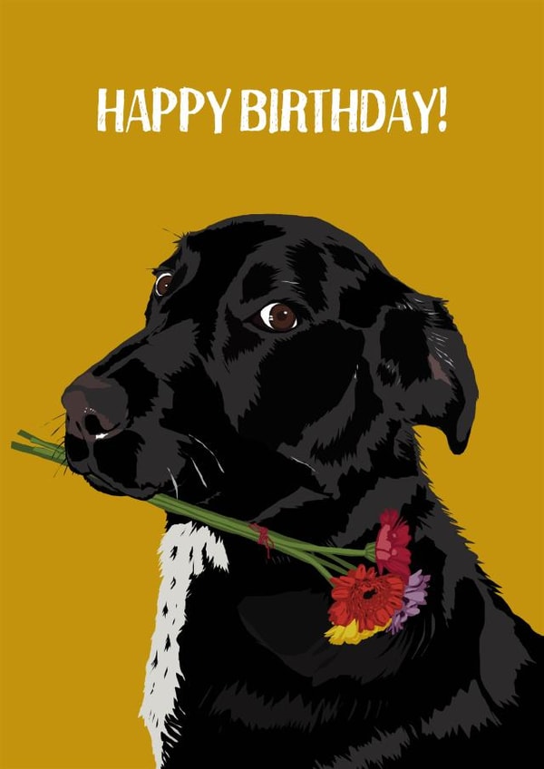 Dog with flowers birthday card created by Perkins & Morley