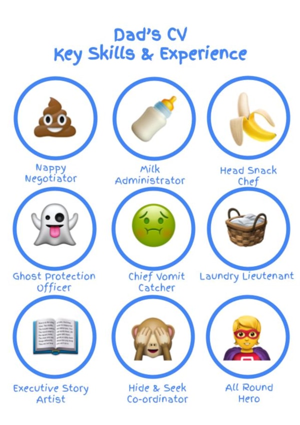 Dad's CV Key Skills & Experience Father's Day card 1000 created by Ha! Go on then