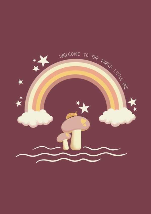 Scandi rainbow new baby card in pink  created by Miss Mulberry Pie Illustration