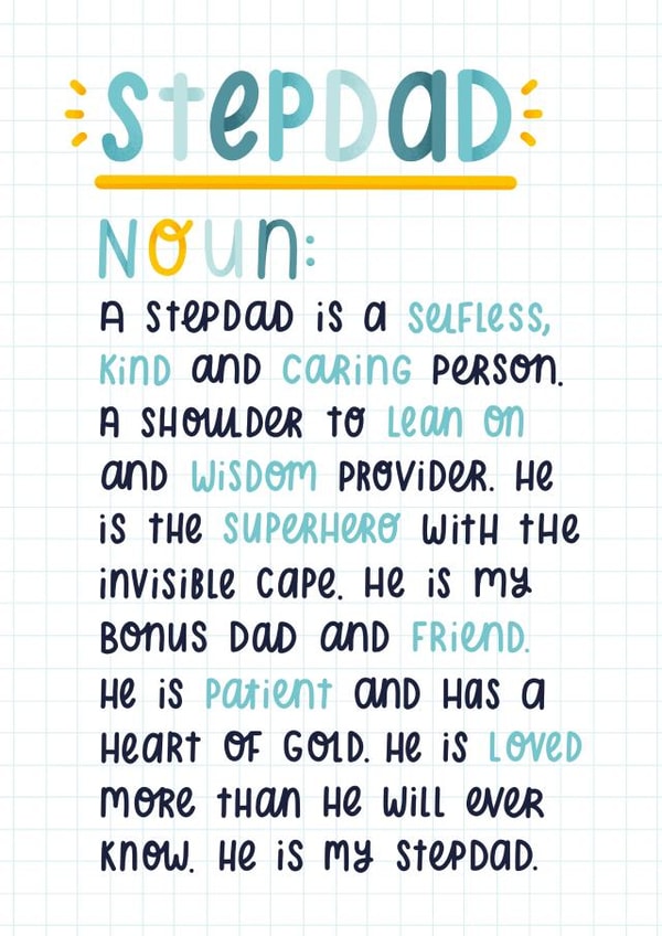 Heartfelt Birthday/Father's Day Card - Stepdad Noun - Meaning created by Joanne Hawker