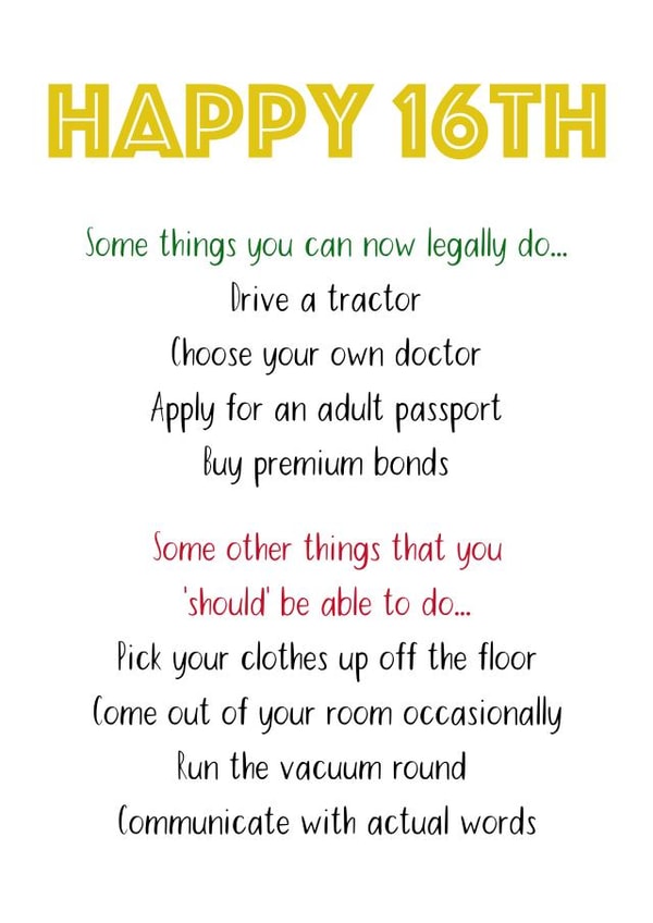 16th Birthday card - let them know the things they can now do! created by Shore Designs
