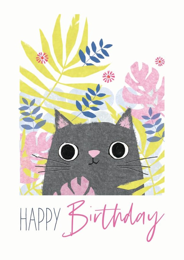 Cat Happy Birthday Tropical card, cute, funny created by Clare Joys