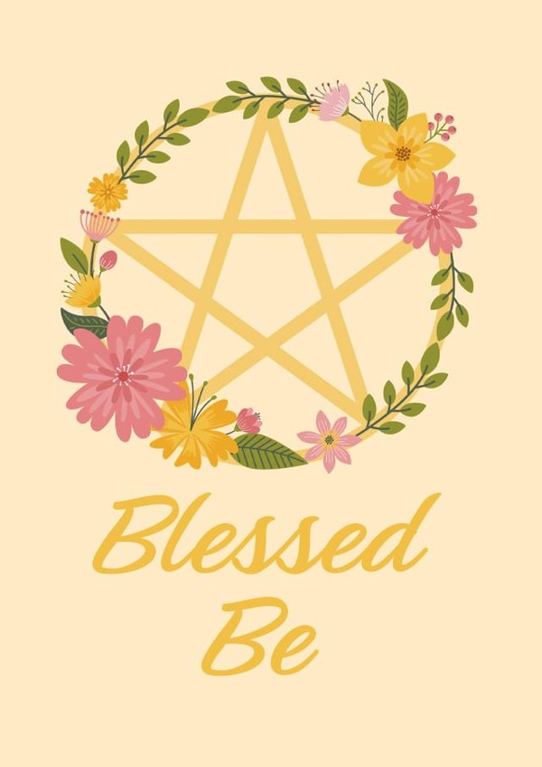 Wiccan Midsummer Floral Pentacle Think of You, Good Luck card created by Cheeky Witch®