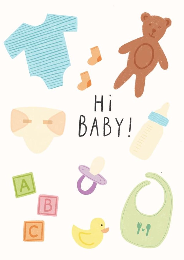 New born baby illustrated baby things card created by Mikaela Iavarone