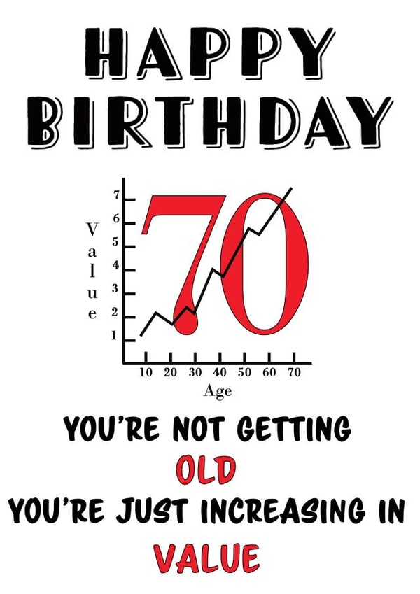 Funny increasing in value 70th birthday card created by Jolly Ginger Cards