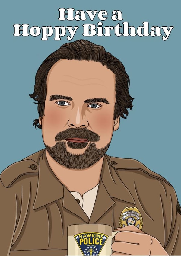 Stranger Things Hopper birthday card created by Lizzy B Draws.