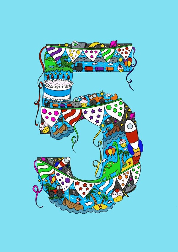 5 year old birthday card with dinosaurs, space and pirates! created by Jenny Wren Designs