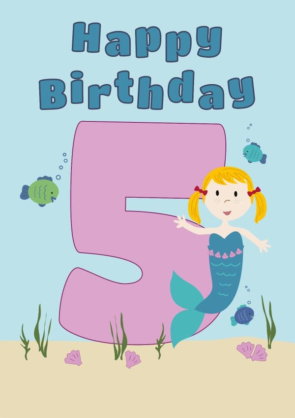 Cute 5th Birthday Card - Mermaid - Fish created by Wink Design - Michelle Roberts
