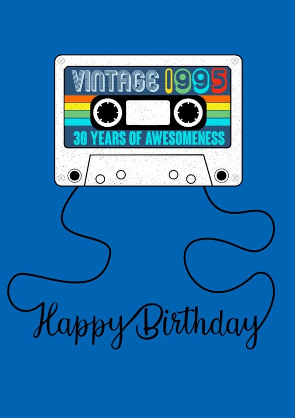 Retro 30th Happy Birthday cassette tape 1995 birthday created by Claire Beetham-Davies