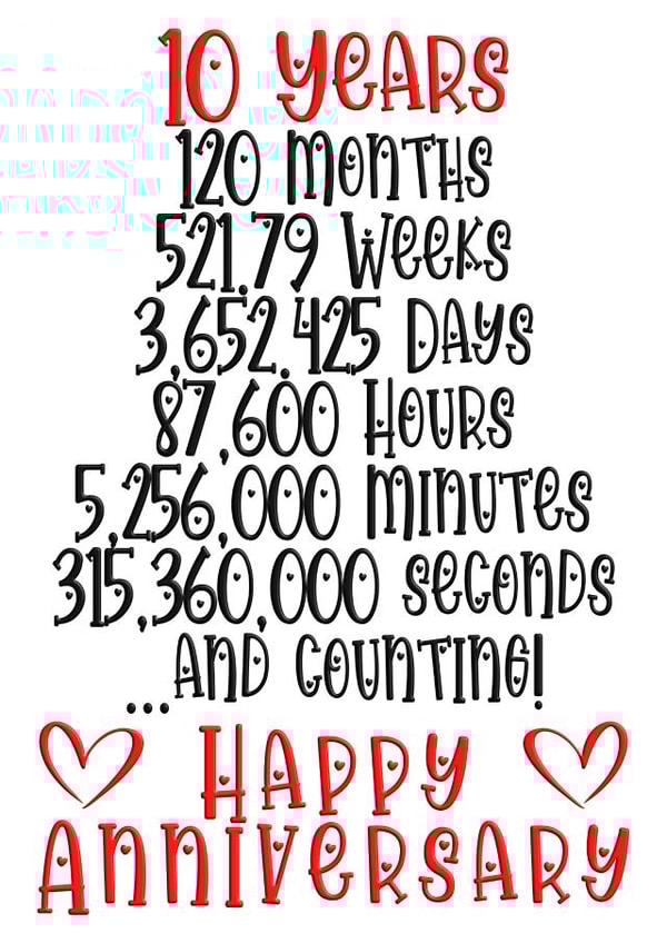 Cute Typography 10 Year Anniversary Card - 10 Years - 10 Years, 120 Months, 52179 Days created by CardandFast