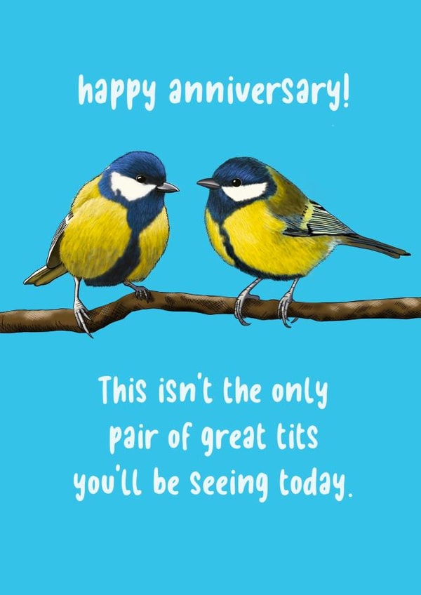 Cheeky Blue Tits Pun Anniversary Card - This Isn't The Only Pair Of Great Tits You'll Be Seeing Today created by Sassy Sarah
