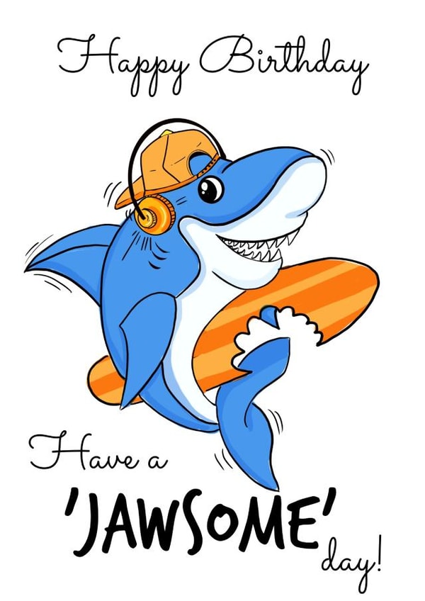 surfing shark birthday card created by The Arty Apples Limited