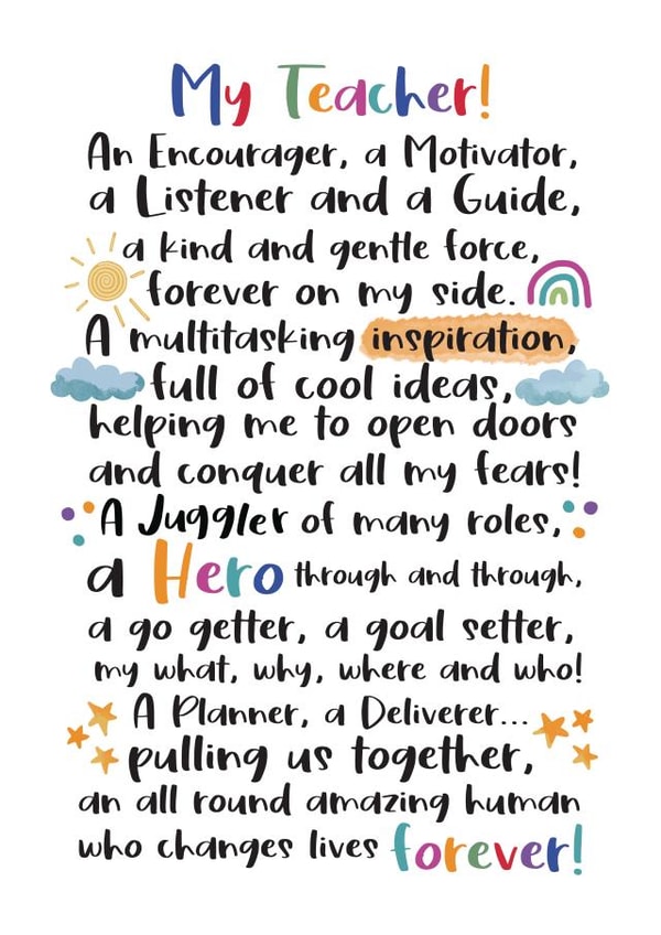 Heartfelt Poem Typography Thank You Card - My Teacher - An Encourager A Motivator A Listener And A Guide created by And You Can Quote Me