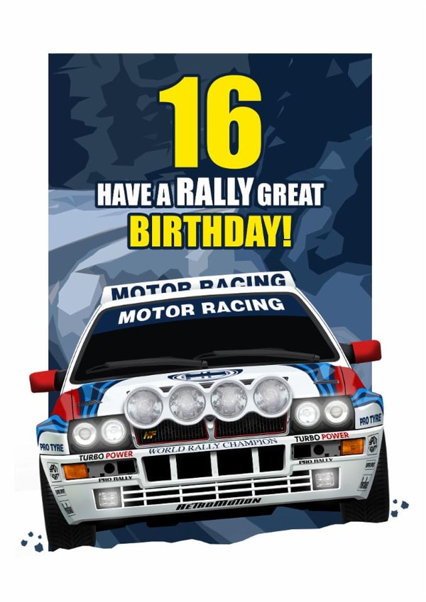 RALLY GREAT 16TH BIRTHDAY CARD created by RetroMotion Artwork