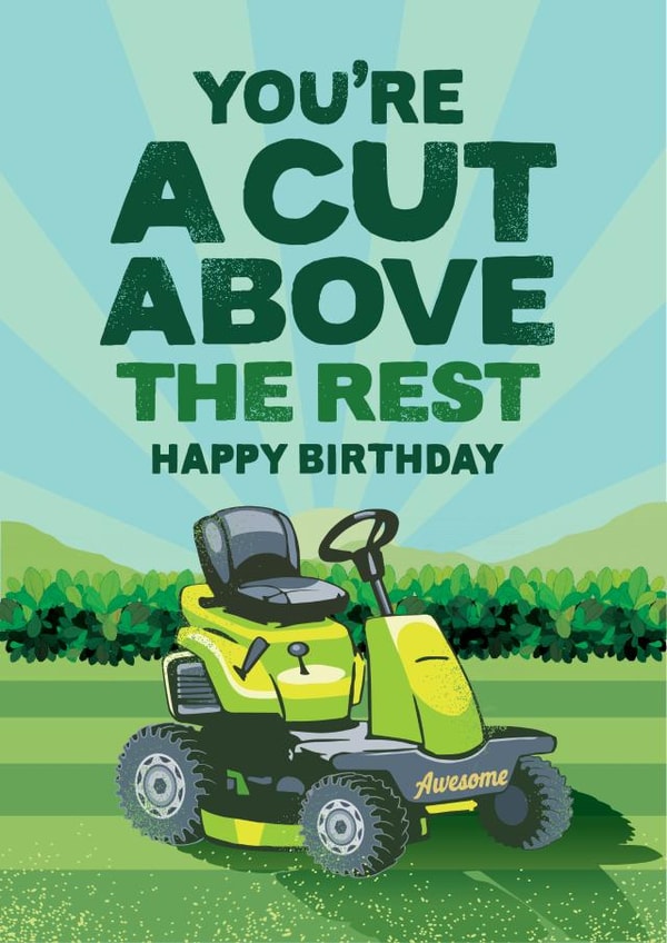 Ride on lawn mower Birthday card for him created by The Typecast Gallery