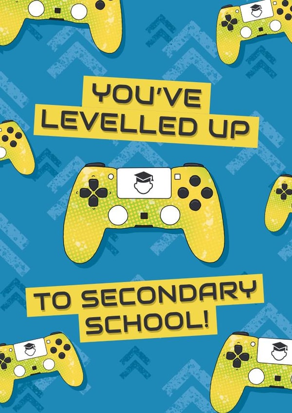 Levelled up - Gamer Secondary School card created by Evie Garnett Designs