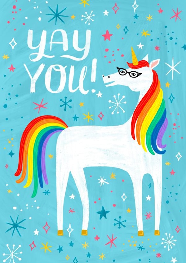 Congratulations Card - Unicorn with Rainbow Mane - Yay You! created by Kay Wolfersperger