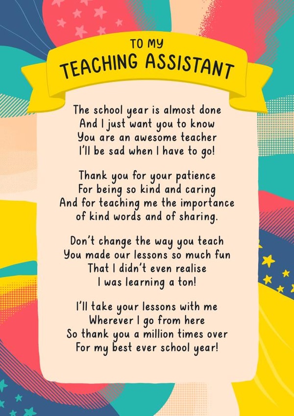Sentimental Teaching Assistant thank you poem card created by Evie Garnett Designs