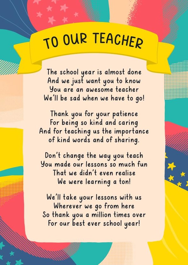 Thank you teacher poem card - from the class created by Evie Garnett Designs