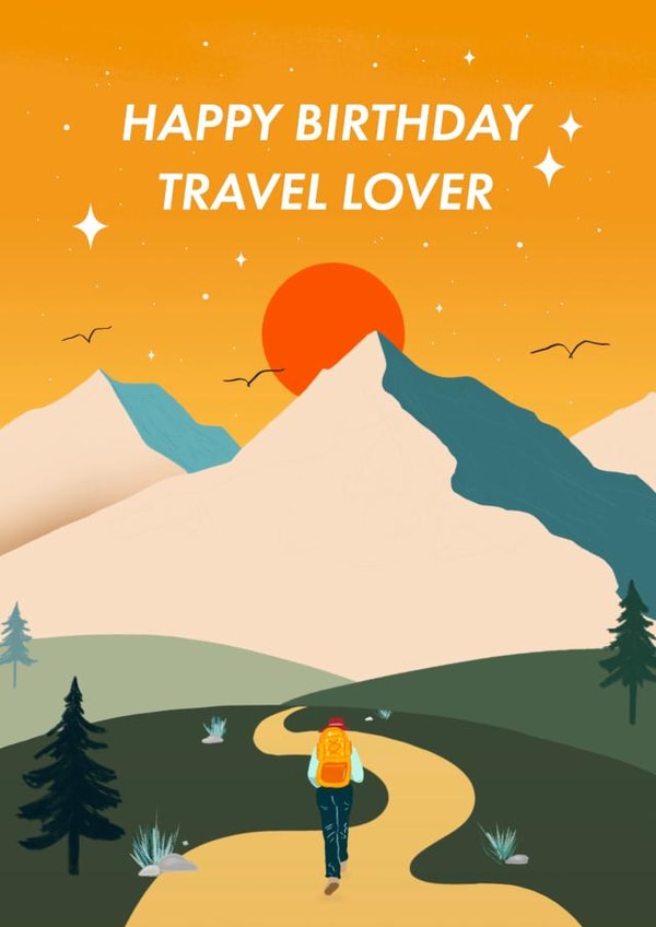 Happy Birthday Travel Lover! - Scenic Mountain with Sunset Illustration created by Leah Chong - Leah Design