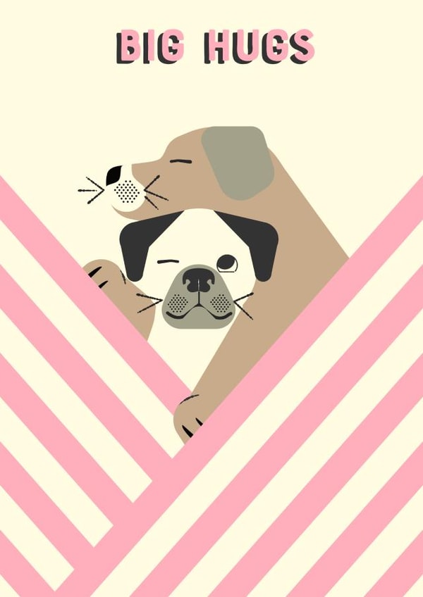 Big hugs and cuddling dogs card created by @simonwelchillustration