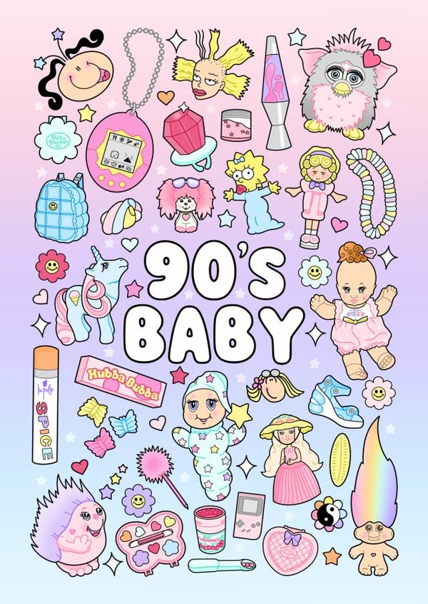 Cute and Colourful 90’s themed Birthday Card - 90’s Memories - 90’s Baby created by Katy Naughton