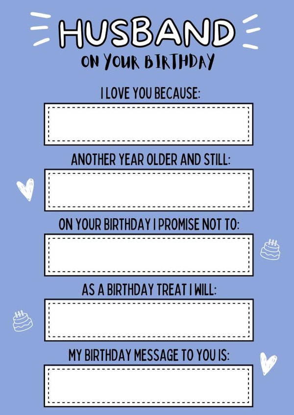 Fill in the blanks husband birthday card created by original fox designs