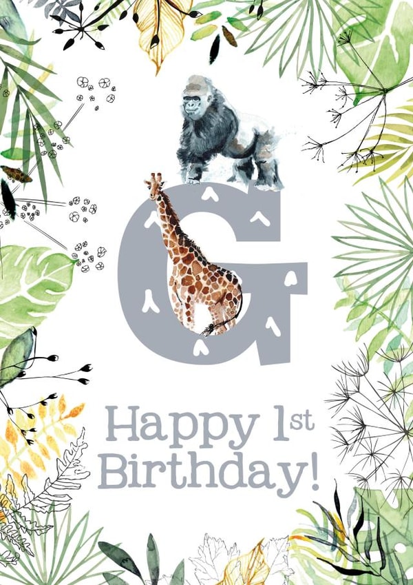 Animal Themed Happy 1st Birthday for names beginning with G created by Kate Moby