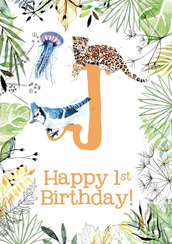 Animal Themed Happy 1st Birthday for names beginning with J created by Kate Moby