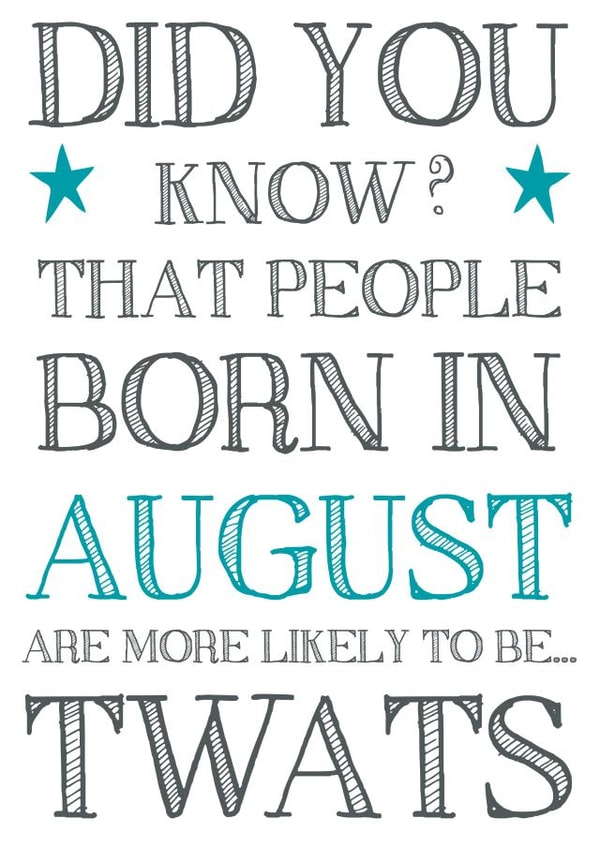 Funny, cheeky August Birthday Twat Card created by Hello Fridays Studio