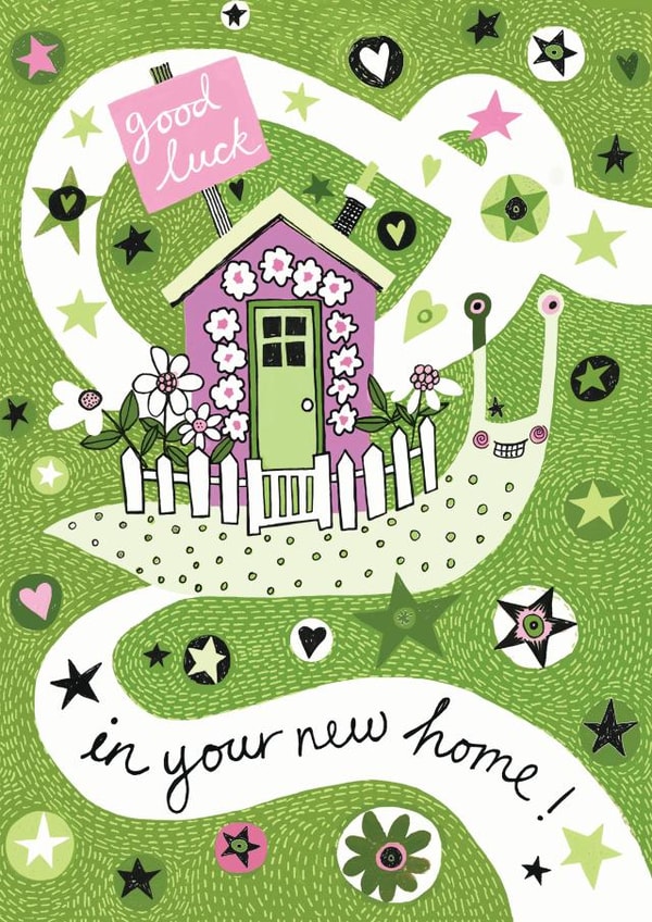 Pretty Snail Trail New Home Card - Pink House - Good Luck In Your New Home created by The Illustrated World of Lisa Berkshire
