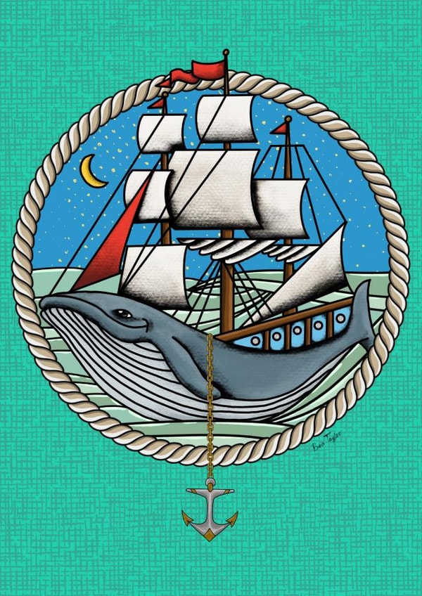Whale and sailing ship just because card created by Ben Taylor