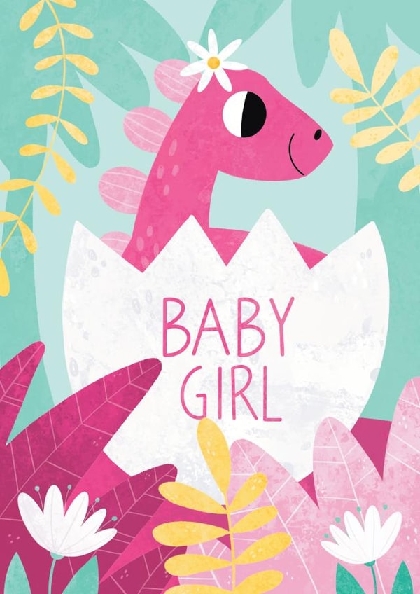 Newborn card with cute dinosaur for baby girl created by Nastya Rizaeva