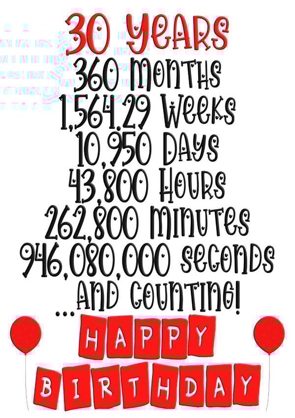 Celebrate a 30th birthday in months/weeks/days/hours/minutes & seconds! created by CardandFast